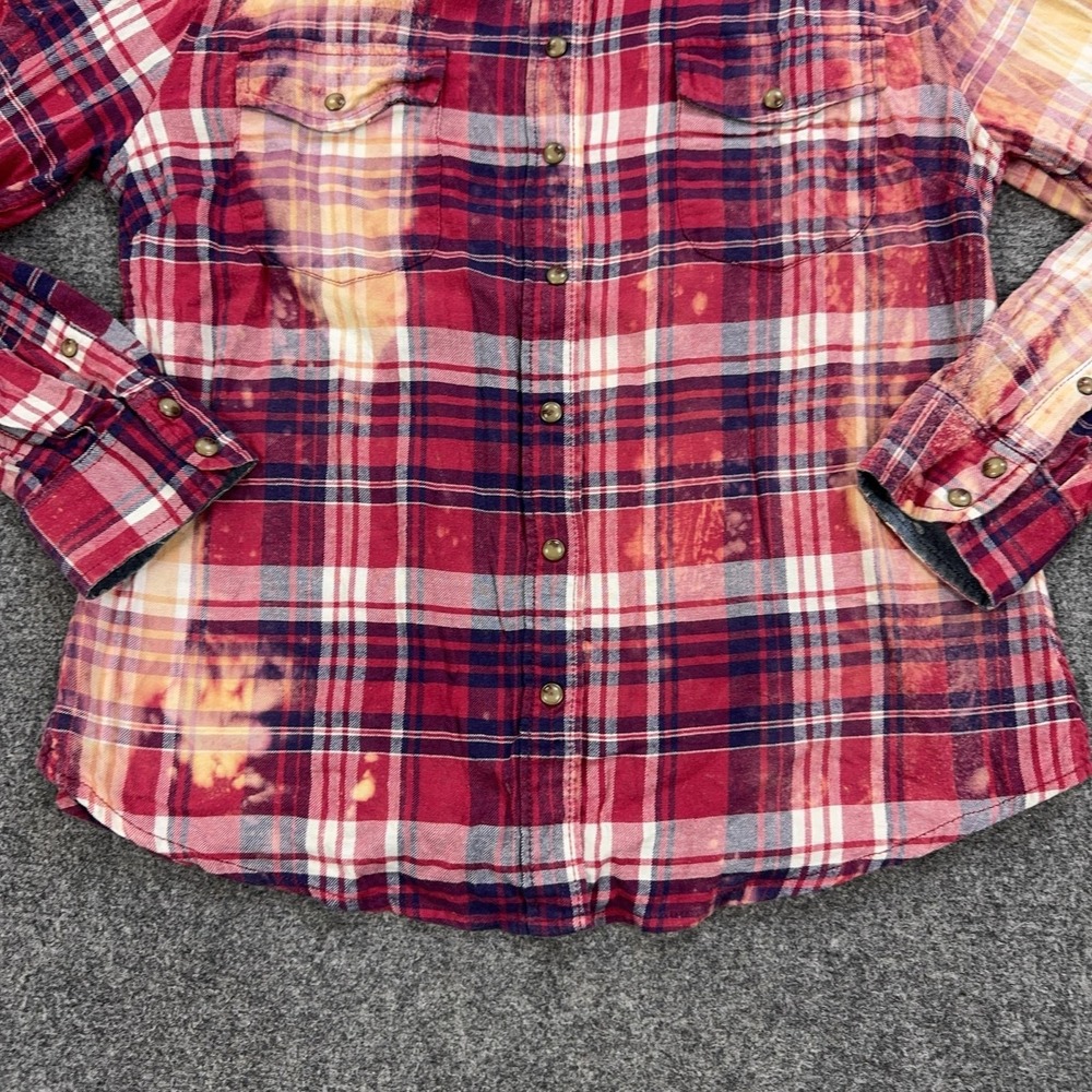 DISOHRTED Shirt Womens S Red Plaid Cotton Flannel Long Sleeve Upcycled Grunge - Picture 3 of 6
